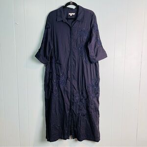 Chico's Sz 16 Navy Blue Cotton Embroidered Maxi Shirt Dress Resortwear Unlined